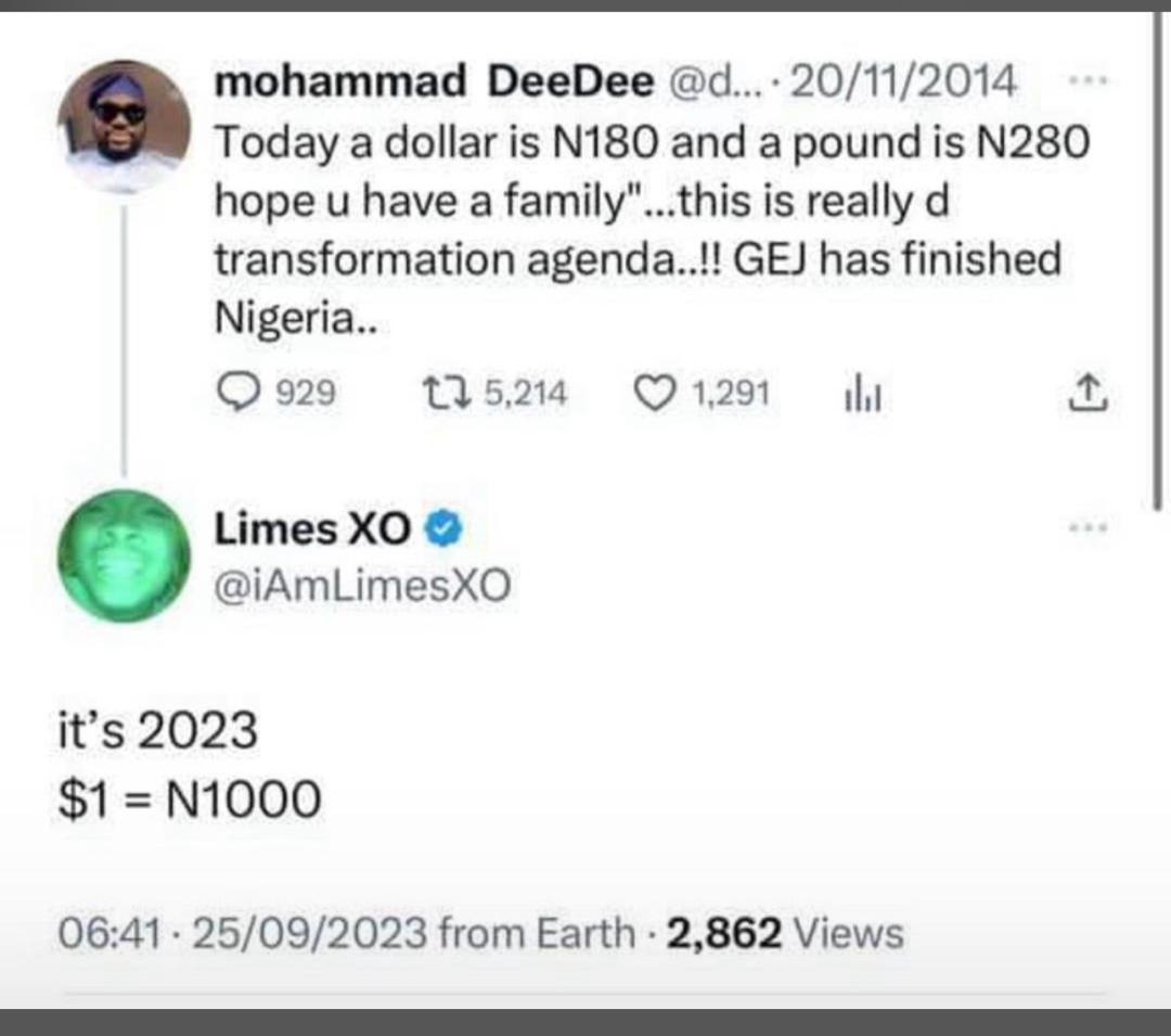 Alex38814751's tweet photo. @deee009 
Do you remember when you made this post some time in 2014?
You said GEJ has finished Nigeria.
Now we are in 2023 how market https://t.co/ZT02yewOOK