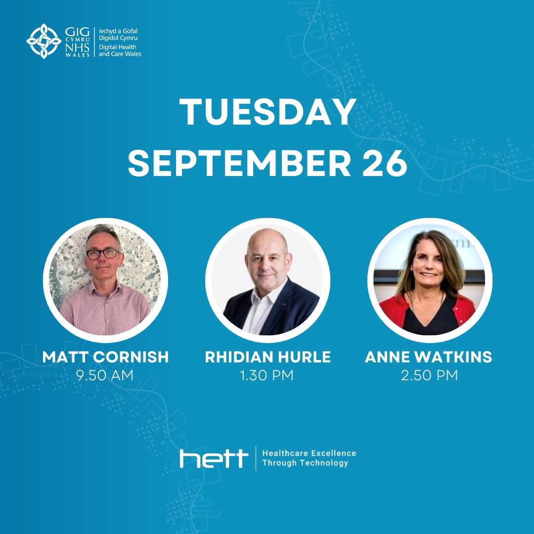 We’re at <a href="/HETTShow/">HETT Show</a> in London for two days of shared learning and discussion. 

The sessions will explore the systems and infrastructure that underpin and enable a data-driven NHS. 

Matt Cornish, <a href="/rhidian_hurle/">Rhidian Hurle</a> and <a href="/watkins_anne1/">anne watkins</a> from DHCW are all speaking today. 

#HETT23