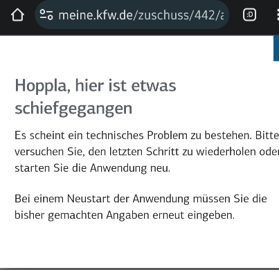kiamka1986's tweet photo. @KfW #KfW Über die Probleme wurden berichtet, leider komme ich bei der Zuschussförderung nicht weiter. Wenn dieser berechnet werden muss, kommt ein technischer Fehler: https://t.co/WsKsLiQUjp