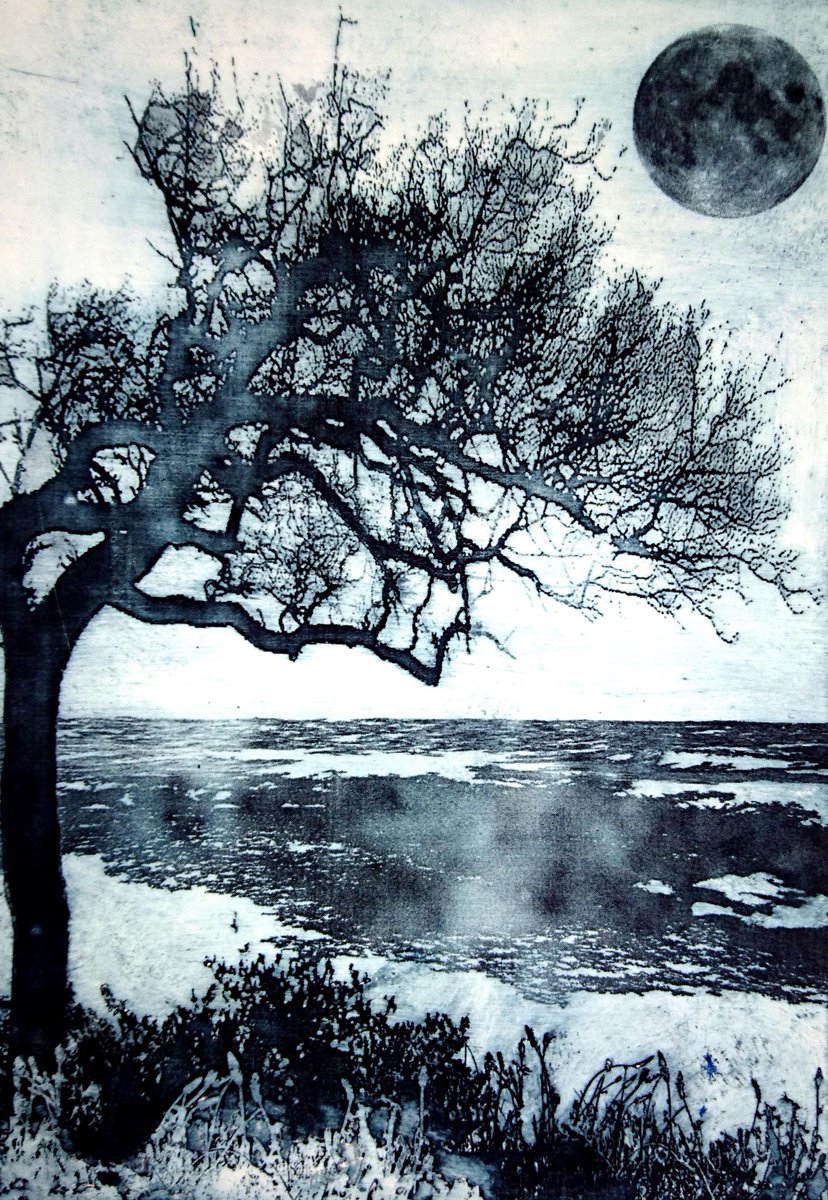 'Mist over the Water' an etching based on a coastal tree bent and shaped by the wind
It's good to go with the flow especially when outside walking in the countryside or coast
#tuesdaymotivations #coast #coastalart #tree #mist #seamist #moonlight #etching #printmaking #print #art