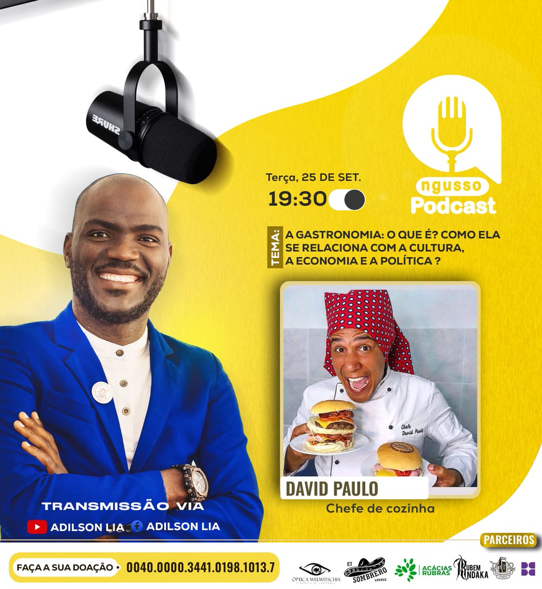 marca_adilson's tweet photo. Hoje 
A Gastronómia como  ela se relaciona com a Cultura a economia e a Política é o tema da 29ª Edição do Ngusso Podcast com o Chefe DavidPaulo (Do Povo para o Povo)

Transmissão 
Facebook | Adilson Lia
Youtube    | Adilson Lia 

Link do YouTube https://t.co/HF0HTaDzGZ https://t.co/1kWvYvGPKy
