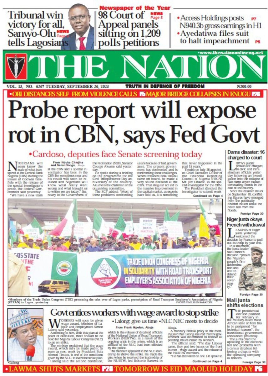 tolaogunnubi's tweet photo. #Headlines #frontpages #Newspapers #Nigeria #BreakingNews #Update #Dollar #Naira #Atiku #Tinubu #ReubenAbati #Slept #TheDNA #Nurse #TundeBakare #NigeriaNews #Abuja #PeterObi #GRV https://t.co/lJx3WUOGT5