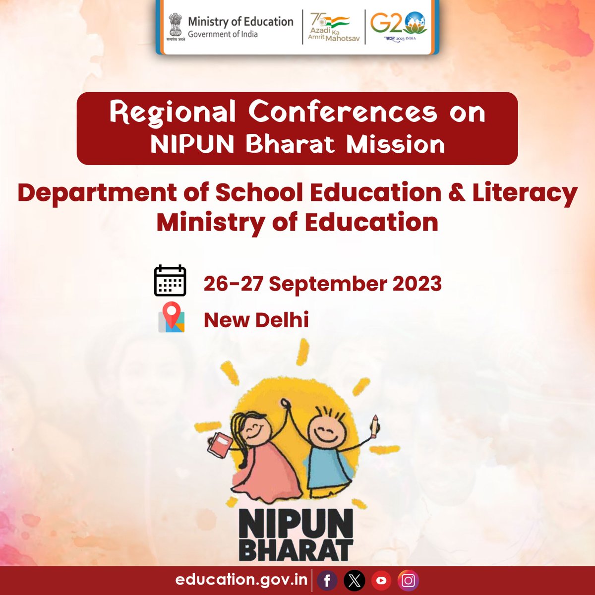 The Department of School Education & Literacy, Ministry of Education is organising a two-day Regional Conferences on NIPUN Bharat Mission from 26-27 September 2023. 

Aligned with the #EdWG outcome document and the #G20 Declaration, the participants will engage in discussions…