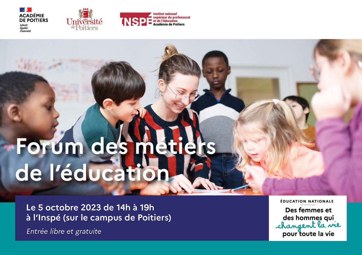 [FORUM] Forum des métiers de l' #éducation
Venez découvrir la diversité des métiers de l'éducation nationale et construire votre projet professionnel avec nous !
📅 05/10
📍 <a href="/INSPEacPoitiers/">INSPE de l’Académie de Poitiers</a>  - Campus de Poitiers
+ d'infos :
univ-poitiers.fr/forum-des-meti…