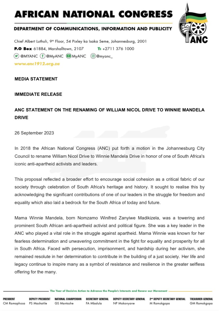 MbalulaFikile's tweet photo. ANC STATEMENT ON THE RENAMING OF WILLIAM NICOL DRIVE TO WINNIE MANDELA DRIVE. https://t.co/neNg0plqNT