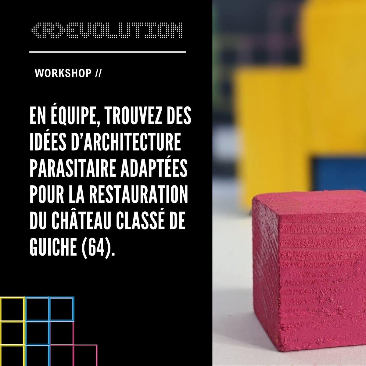 [#RevTechConf J-20] Workshop collaboratif sur la restauration du château de Guiche (64) 🏰 

L'architecture parasitaire, une solution pour la restauration de bâtiments classés ?

#patrimoine #ArchitectureDurable #rénovation

Infos et inscription 🟩⤵
shorturl.at/oxQRZ