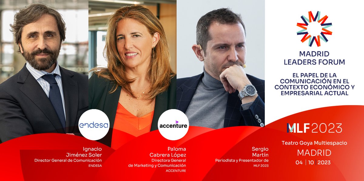 <a href="/_CEIM_/">𝗖𝗘𝗜𝗠</a> <a href="/Endesa/">endesa</a> <a href="/AccentureSpain/">Accenture España</a> <a href="/sergiomartin/">Sergio Martín</a> 📍 La cita, el día 4/10/2023 en el <a href="/TeatroGoya/">TeatroGoya</a>  de #Madrid en Madrid Leaders Forum.

“Liderando el talento &amp; Transformado empresas” lema de #MLF23

🎟 Compra tu entrada en madridleadersforum.com

#talento, #CEO, #liderazgodirectivo, #MLF23, #liderazgo,
