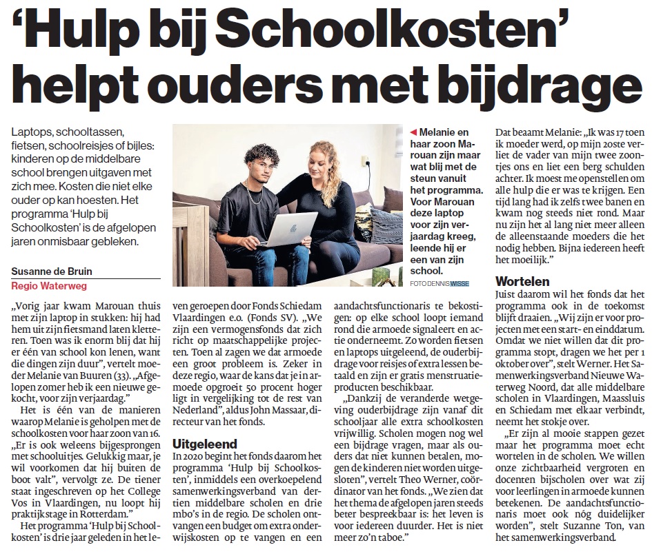 Drie jaar geleden is <a href="/FondsSV/">Fonds SV</a> een programma gestart naar aanleiding van signalen dat armoede voor veel leerlingen in onze regio een probleem vormt om op een normale manier deel te nemen aan school. We zijn er trots op dat het Samenwerkingsverband het stokje nu overneemt.