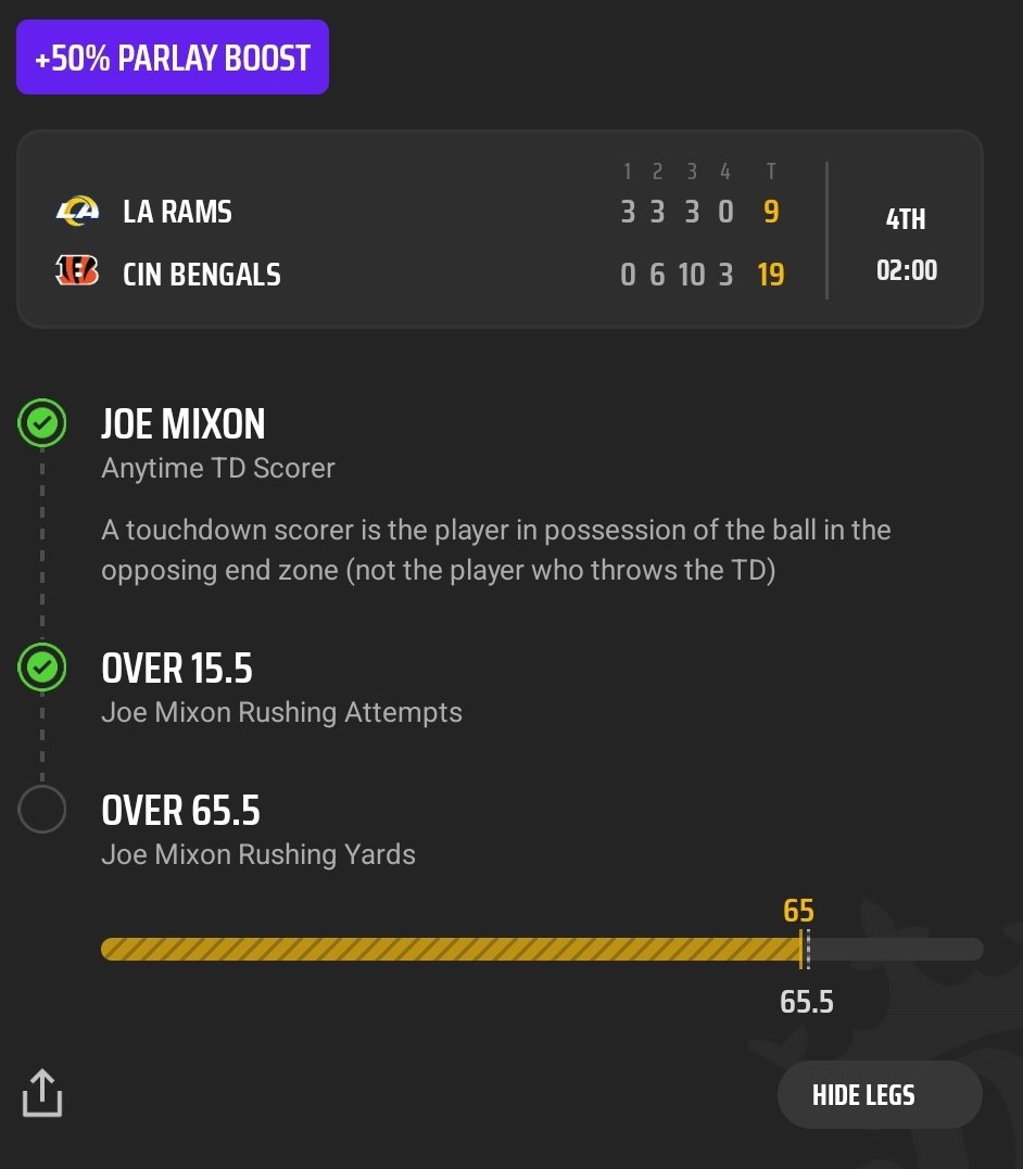 Pickering88's tweet photo. Mixon -5 yards on his last 3 carries, @DraftKings do the right thing 😅 #AllTimeBadBeat https://t.co/ID7MPNAiOX