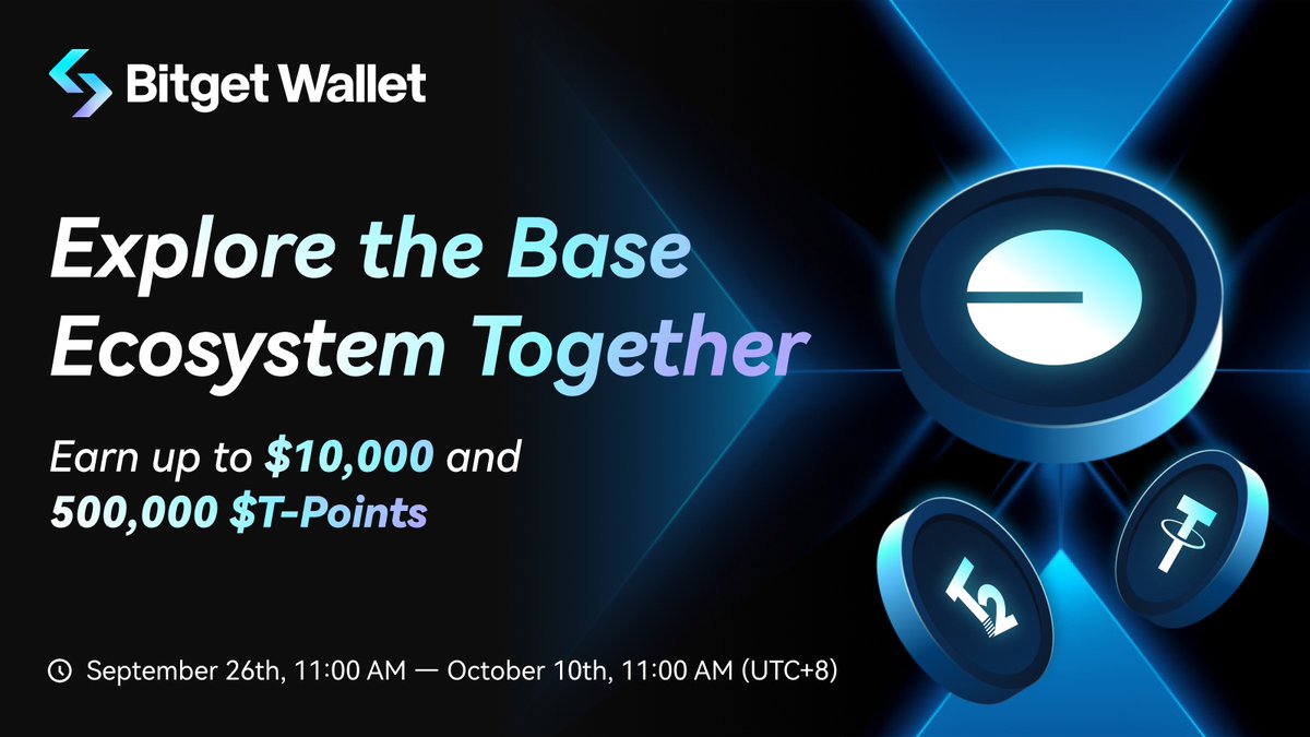 🩵x💙 The #Base journey has begun! Explore the @BuildOnBase ecosystem with #BitgetWallet and win $10,000+ 500,000 $T-Points <a href="/T2T2_official/">T2T2.com</a>!

🪂 Participate in #Base Zone to share $10,000
🤝 Participate in #T2T2 activities and earn up to 500 $T-Points per person
💰 Complete #Galxe