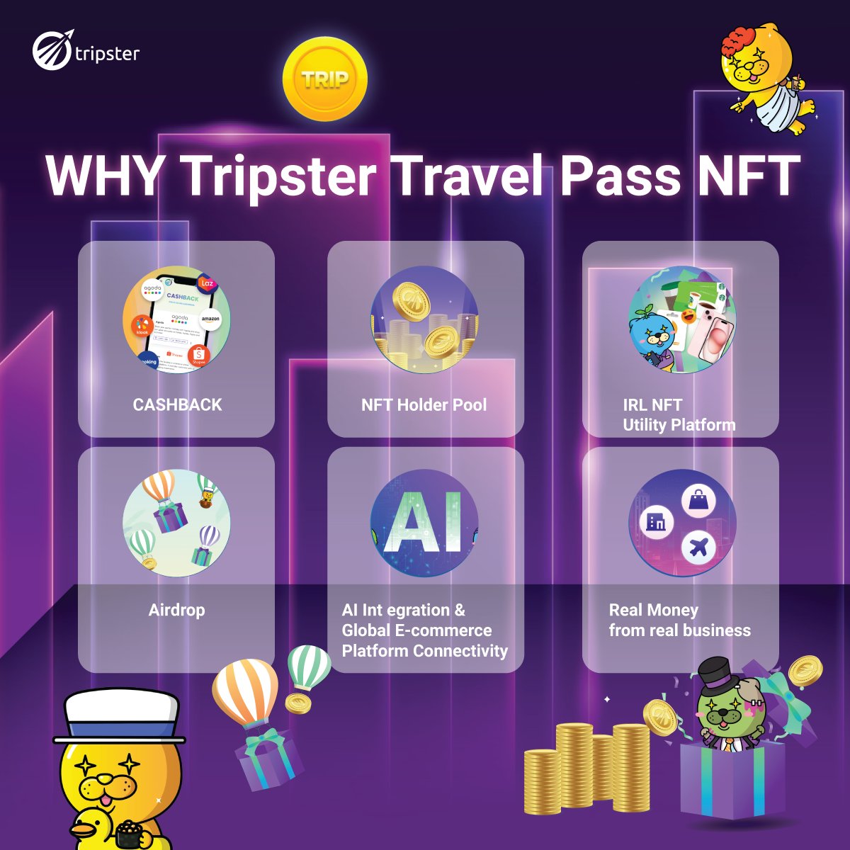 🎉 Keep an eye out! 
The next round of Tripster NFT Minting, Round 3, is on its way. It's adding even more excitement and innovation to the world of NFTs. ✈️

More Detail Below⬇️ 
#Airdrop #TripsterAmbassador #Tripster #NFT #Cashback #utility