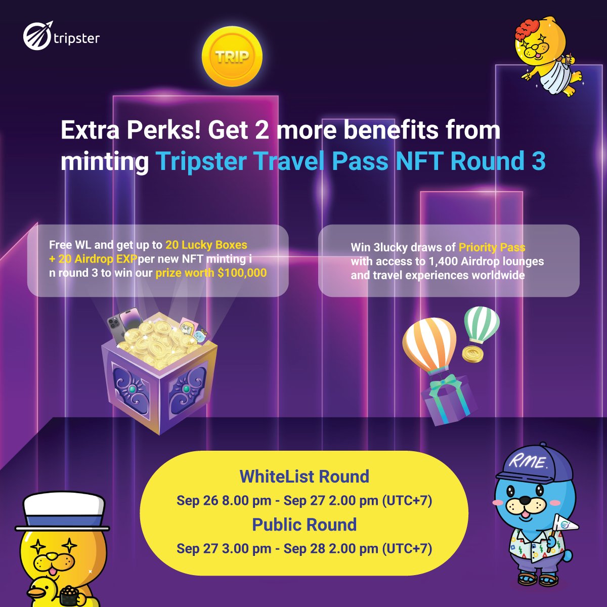 💰Bonus Advantages! Unlock 2 Additional Benefits by Minting Tripster Travel Pass NFT in Round 3: ✈️

⚡️Free WL
⚡️Lucky Boxes + EXP
⚡️Aipdrop
⚡️Lucky Draws

More Detail Below ⬇️
#Airdrop #TripsterAmbassador #Giveaway
