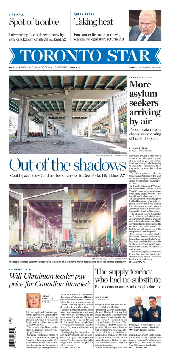 comma_chameleon's tweet photo. On Tuesday’s @TorontoStar A1: What changed after Canada closed a border loophole: @nkeung reports. Plus: @KopunF on a plan to transform the space under the Gardiner (📸 @lancemcmillan). @SusanDelacourt on Zelenskyy’s Canadian visit. And @kdaubs on a beloved Scarborough teacher. https://t.co/PZkVUSFNtX