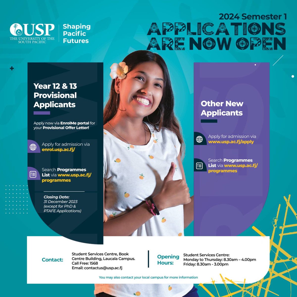 UniSouthPacific's tweet photo. Applications for 2024 Semester 1 are now open!
USP is encouraging Year 12&13 students to take advantage of this opportunity and apply early to avoid last-minute hassle.
Hurry and don't miss out! Application closes on December 31, 2023.
#USPApplication #TeamUSP #USPEnrolMePortal https://t.co/01XXFeikry