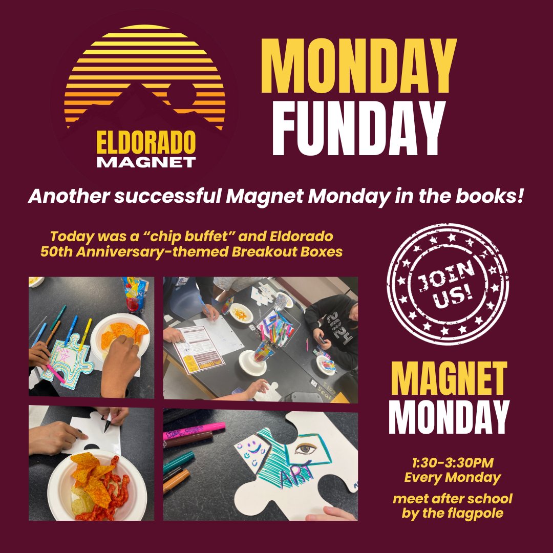 Today's Magnet Monday had record attendance and involved @breakoutEDU boxes, a potato chip buffet and customized puzzle pieces for a hallway mural. All magnet students are welcome to attend, so join us next week! RSVP at tinyurl.com/MagnetMonday. @CCSDMagnet @EHS_SparkyPride