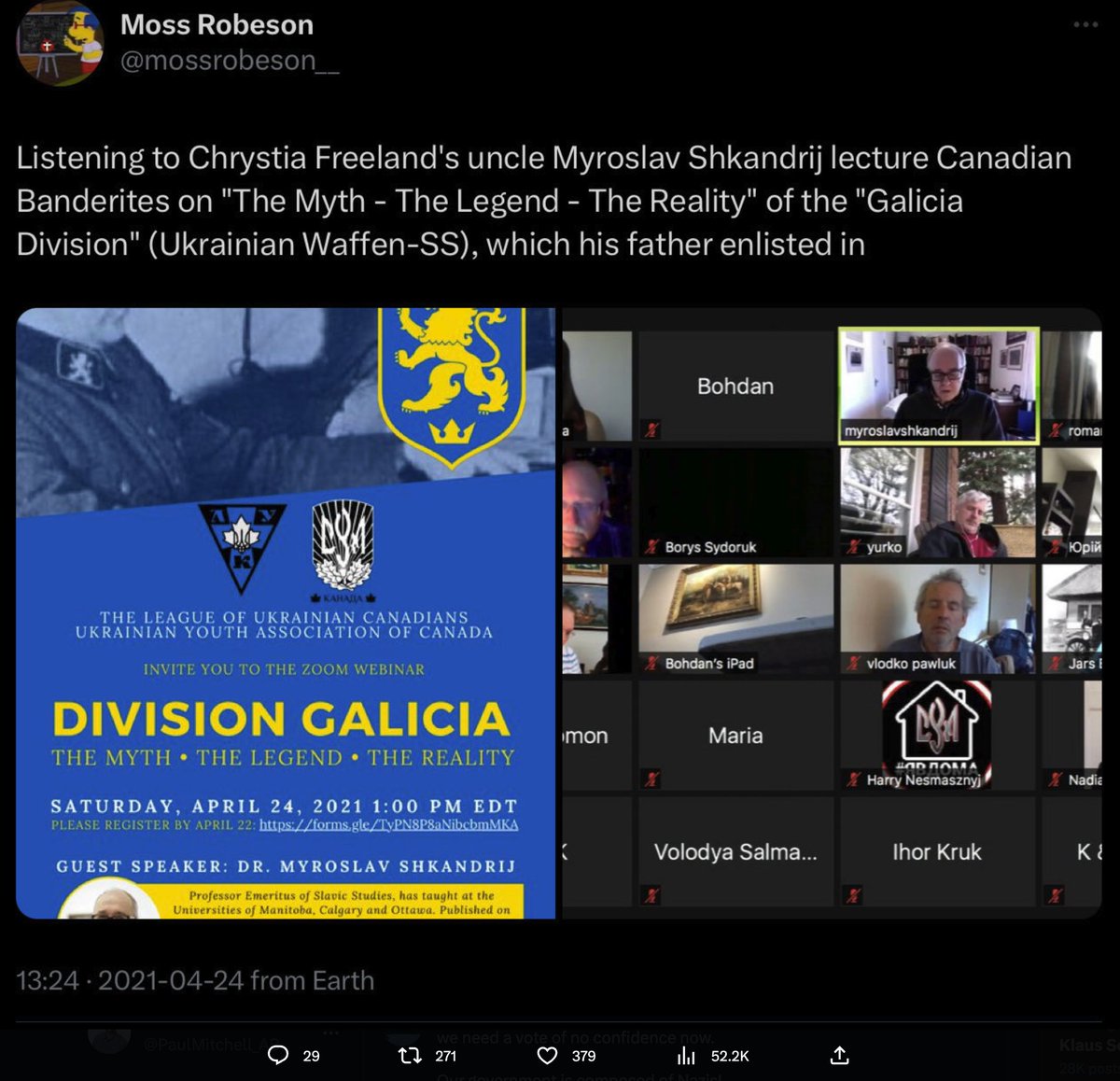 PaulMitchell_AB's tweet photo. Hey @cafreeland,

The post below states your grandpa enlisted in the Nazi SS Galicia Division. It actually says your uncle's father, but that would be your grandpa, right?

Is this true?

This is exact same SS Division which Yaroslav Hunka belonged to. You know, the Nazi who you gave a standing ovation to in Parliament.

So you knew about Hunka and the SS Galicia Division? Why are you Liberals pretending that you didn't know?

Oh, that's right. It didn't go off as planned, eh?

I was wondering why you had such a huge smile on your face as you were applauding. If you knew that Hunka was from your grandpa's SS Division, it would make more sense.

By the way, the SS Galicia division was involved in several massacres, including women and children. Do you have inside knowledge about that too?  Is there anything else you would like to tell us about?

We'll wait....