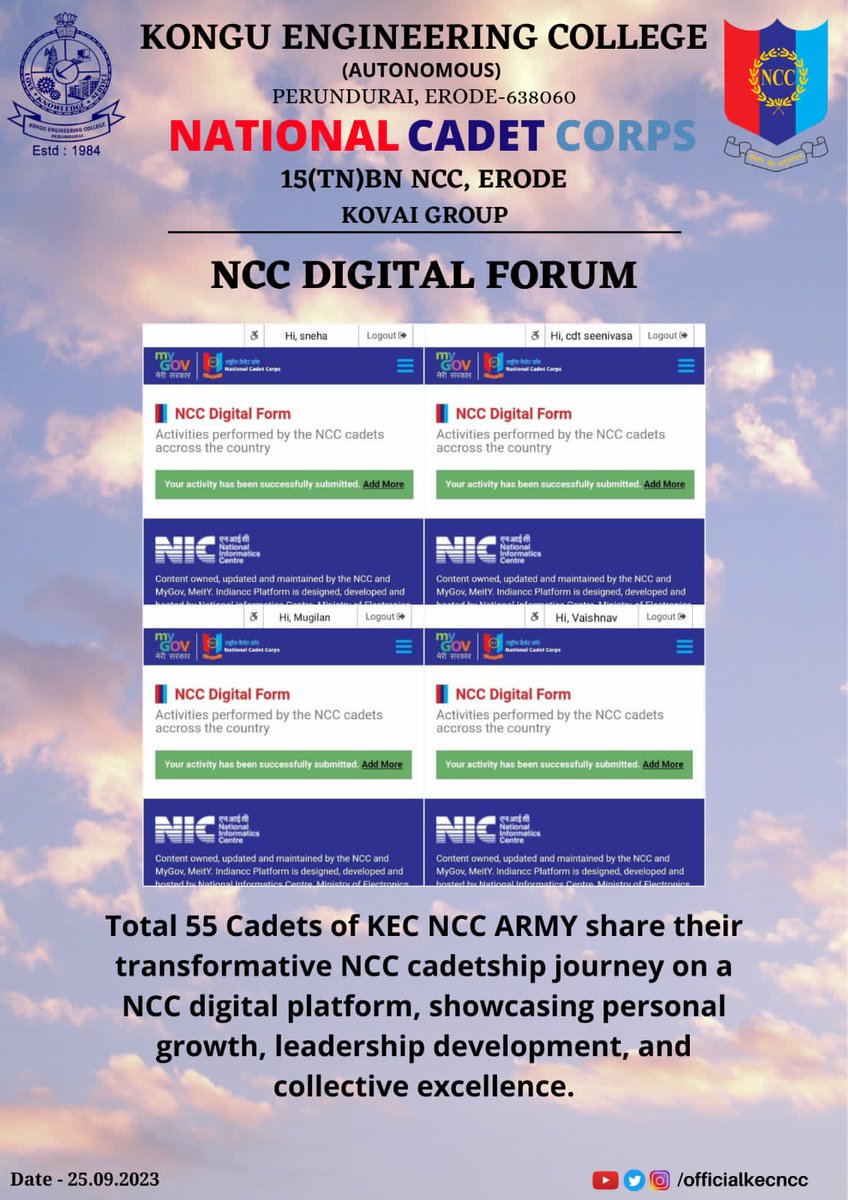 KecNcc's tweet photo. "Digital keeping is not only a record for future generations but a motivation and inspiration"

55 Cadets of @KecNcc ( 2nd &amp; 3rd Year Cadets)have submitted their activities performed in the NCC Digital Forum.

@HQ_DG_NCC 
@NCCDte_TNPAN 
@Ko_Champions 
@erodencc 
#nccdigitalforum https://t.co/DcL0M11TPI
