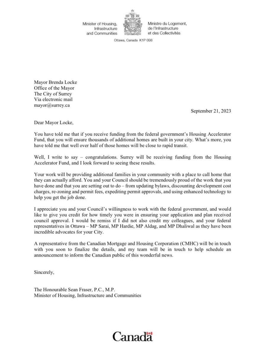 This is fantastic news for Surrey, we will be receiving g some much needed money through the Housing Accelerator Fund. It is about time the Liberals recognize the growth of Surrey and increase number of people living into our City.