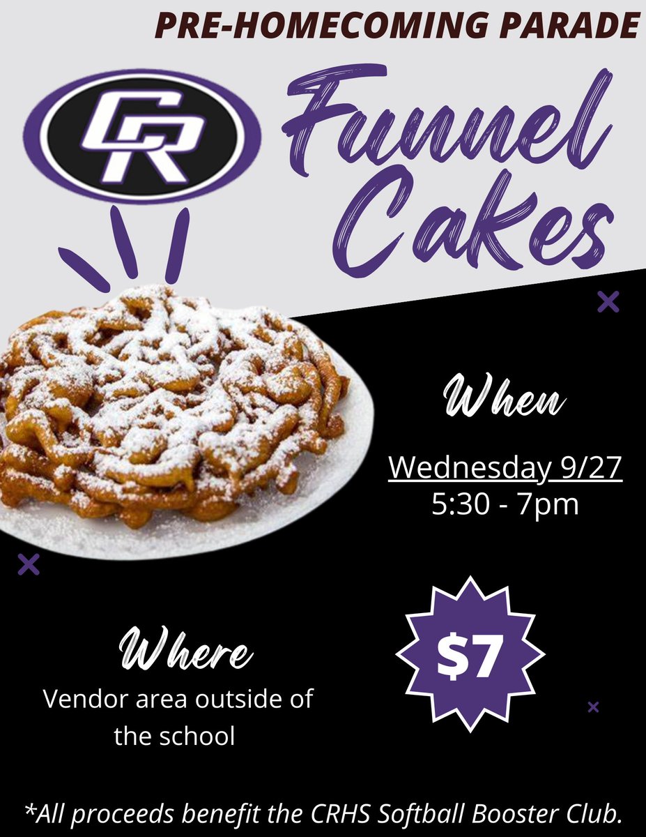 Hey Raiders!!! We will be selling funnel cakes before the HoCo parade!!  Last year we sold out pretty quick, so get one while you can! 💜🖤 <a href="/CedarRidgeHigh/">CRHS</a>  <a href="/crhsraiders/">CRHS Raiders</a>