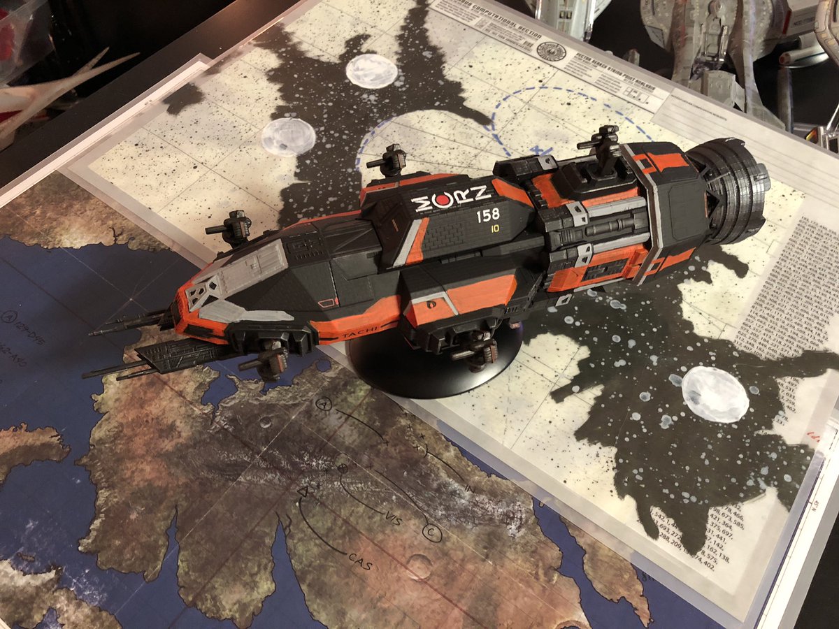 GeekToyLove's tweet photo. Finished the Tachi tonight. Decals added and clear coat done and PCDs mounted again. 
Oddly colorful yet still dark and menacing. Love the MCRN liveries. 

#TheExpanse #2023Projects #GeekDen https://t.co/1UZKzHmUgL