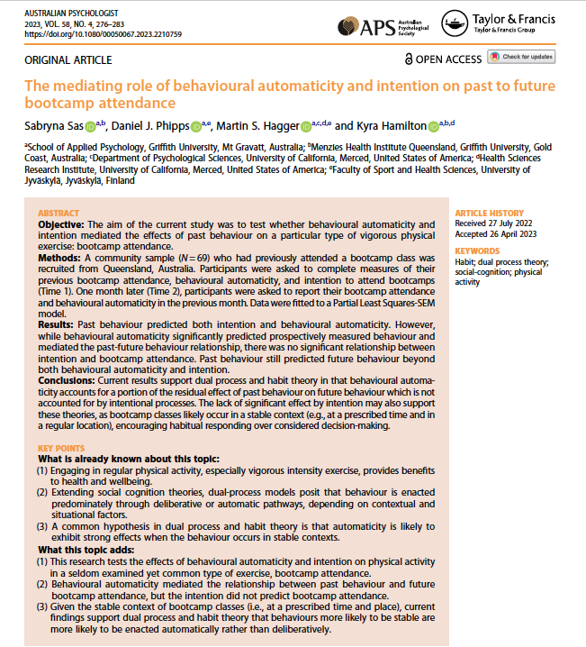 Sabryna Sas (@sassabryna) on Twitter photo Our article "The mediating role of behavioural automaticity and intention on past to future bootcamp attendance" is now published! Thank you to my co-authors <a href="/danjphipps/">Daniel Phipps</a> <a href="/martinhagger/">Martin Hagger</a> <a href="/DrKyraHamilton/">Kyra Hamilton</a> #OpenAccess <a href="/tandfonline/">Taylor & Francis Research Insights</a>
doi.org/10.1080/000500… Our article "The mediating role of behavioural automaticity and intention on past to future bootcamp attendance" is now published! Thank you to my co-authors <a href="/danjphipps/">Daniel Phipps</a> <a href="/martinhagger/">Martin Hagger</a> <a href="/DrKyraHamilton/">Kyra Hamilton</a> #OpenAccess <a href="/tandfonline/">Taylor & Francis Research Insights</a>
doi.org/10.1080/000500…