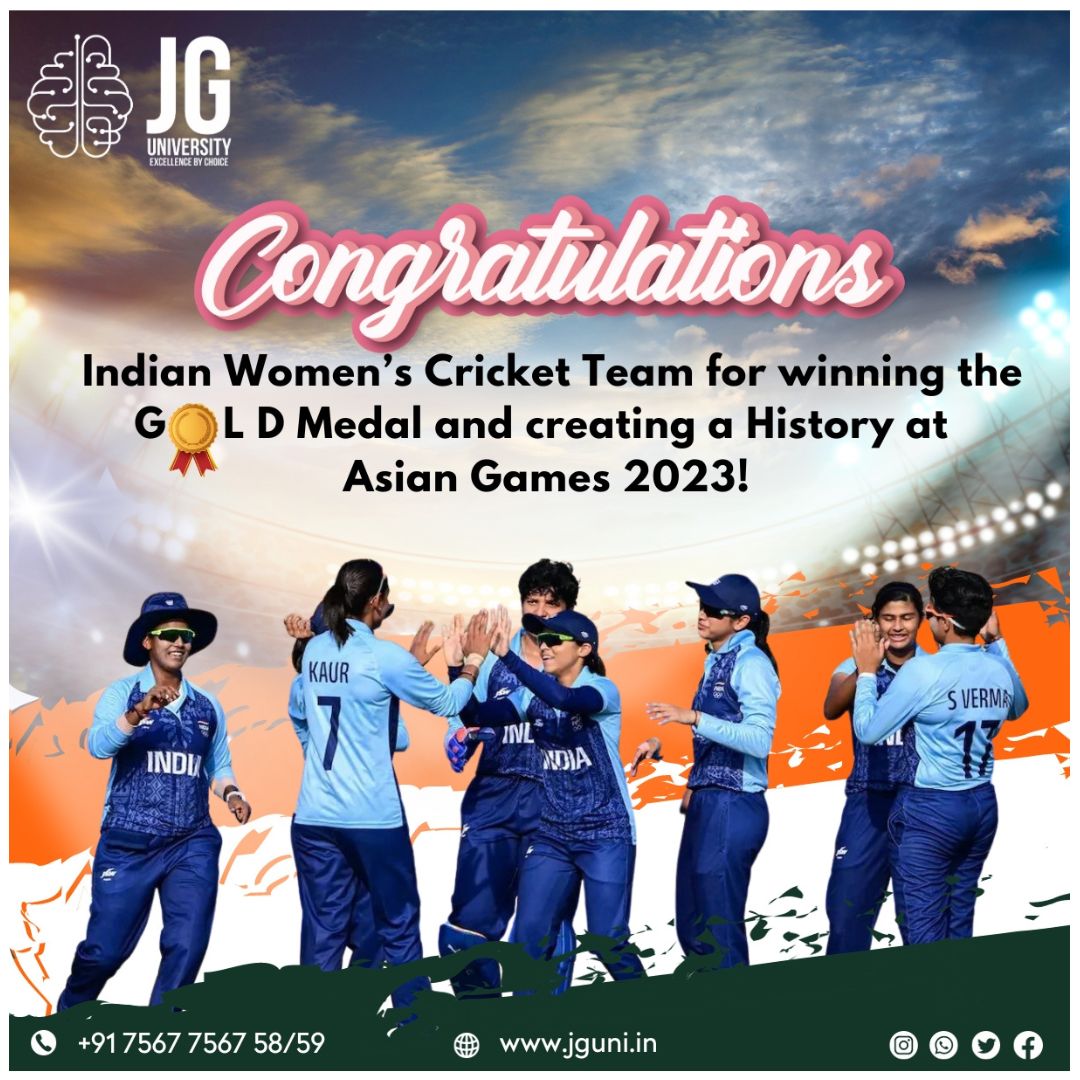 _JGUniversity's tweet photo. congratulating the Indian Women's cricket team for winning the gold medal at asian games 2023.

#asiangames #cricket #womensteam #goldmedal #games #asiangames2023 https://t.co/rmFSzn0cVe