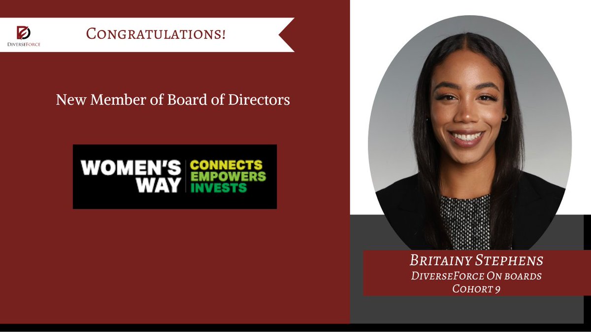 Huge congratulations to Britainy Stephens, an alumnus of our DiverseForce On Boards Cohort 9 for becoming a new addition to the Board of Directors at @WomensWay. #DiverseForce #DiverseForceOnBoards