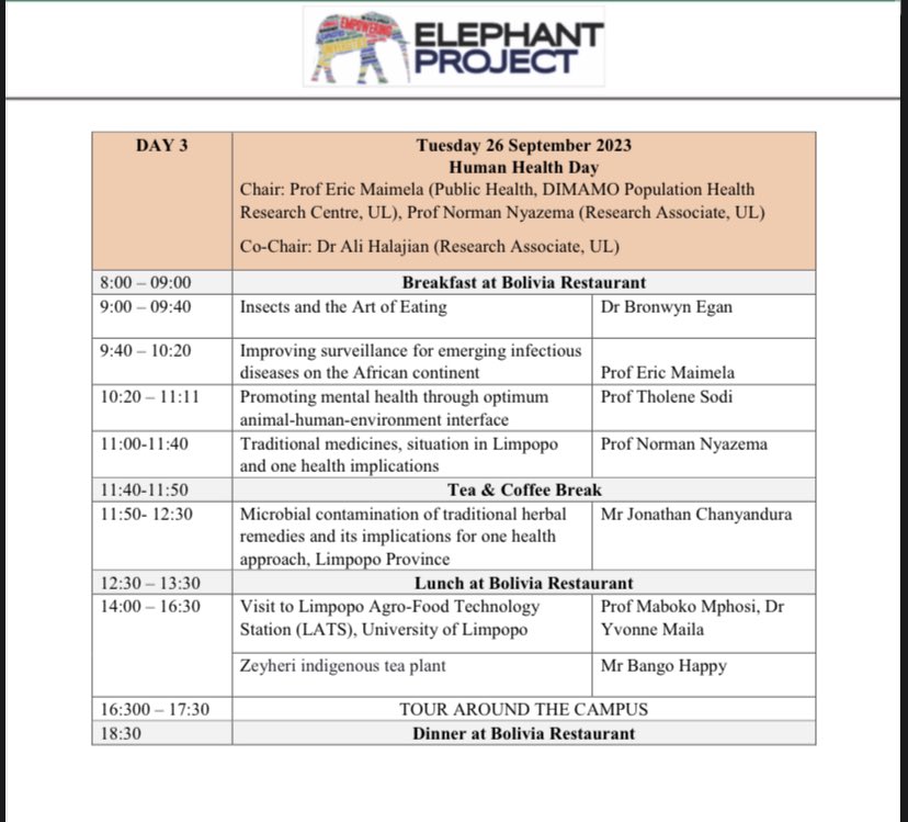 ELEPHANT One Health Project (@elephant_oh) on Twitter photo Day 3 #OneHealthWorkshop of
#ELEPHANTSouthAfrica
#OneHealth empowerment project
#OneHealthInAction #OneHealth4All
#HumanHealth #EdibleInsects #TraditionalMedicines #MentalHealth
& visiting <a href="/ULvarsity/">University of Limpopo</a> #LATS
Check: #SouthAfricaOneHealth
<a href="/EUErasmusPlus/">Erasmus+</a> <a href="/UniUtrecht/">Utrecht University</a> <a href="/OneHealthEJP/">One Health EJP</a> Day 3 #OneHealthWorkshop of
#ELEPHANTSouthAfrica
#OneHealth empowerment project
#OneHealthInAction #OneHealth4All
#HumanHealth #EdibleInsects #TraditionalMedicines #MentalHealth
& visiting <a href="/ULvarsity/">University of Limpopo</a> #LATS
Check: #SouthAfricaOneHealth
<a href="/EUErasmusPlus/">Erasmus+</a> <a href="/UniUtrecht/">Utrecht University</a> <a href="/OneHealthEJP/">One Health EJP</a>