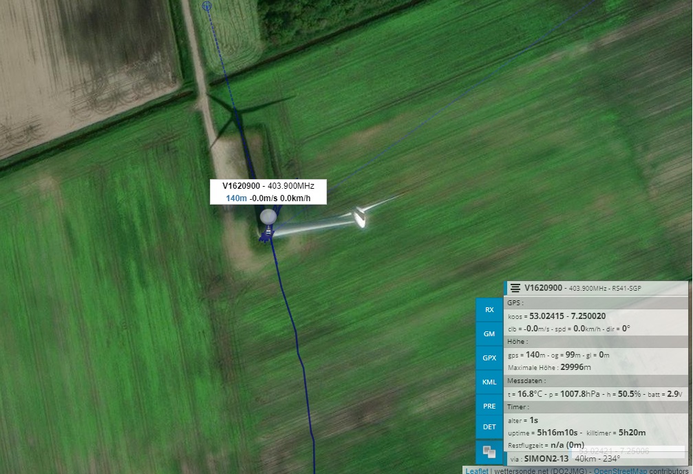 Mal wieder eine #radiosonde im Windrad :) Wird immer noch gehört. wettersonde.net/map.php?sonde=…