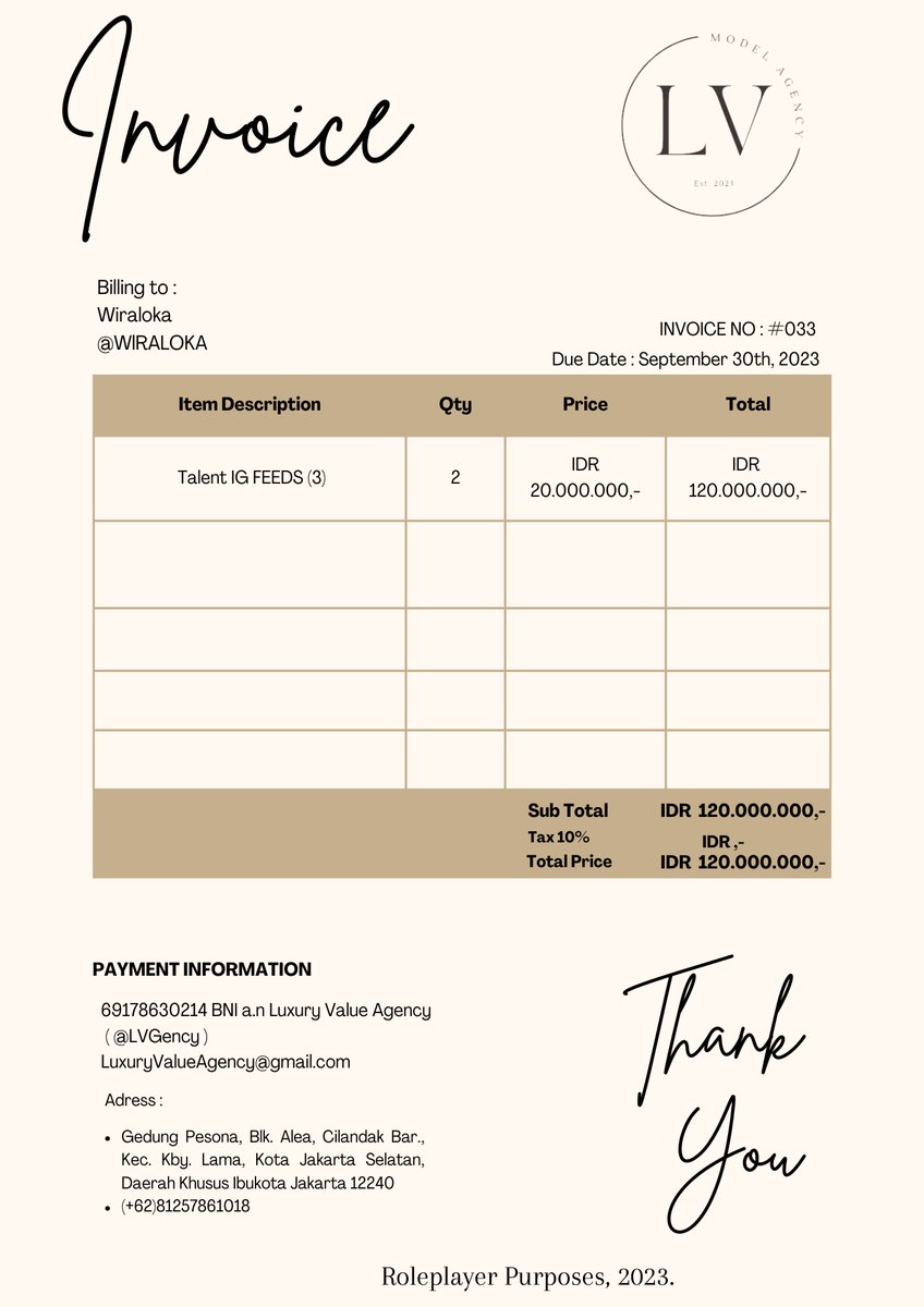 ㅤㅤ

Dear, Wiraloka
( @WlRALOKA ) 

We just sent you the invoice #033. Please don't hesitate to reach out if you have any questions. We look forward to conducting our future business.

🖇️ INVOICE_LV_Wiraloka

Regards,

Luxury Value Agency.

ㅤㅤ