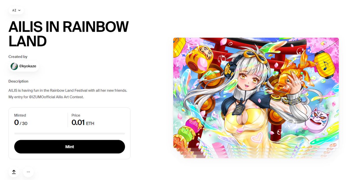 Kyokaze111's tweet photo. ✨Decided to create an Edition for my Ailis art on @foundation 💙 AILIS IN RAINBOW LAND 🌈
✨Minting now 💜 0.01 ETH 💛 30 pcs
✨Link ➡️ https://t.co/1Iu5gJMIyP
🍀Please help me spread it. Thank you ❤️❤️❤️
#ailisart #nfts #editions #NFTartwork #nftarti̇st https://t.co/r5QXxiLPm8