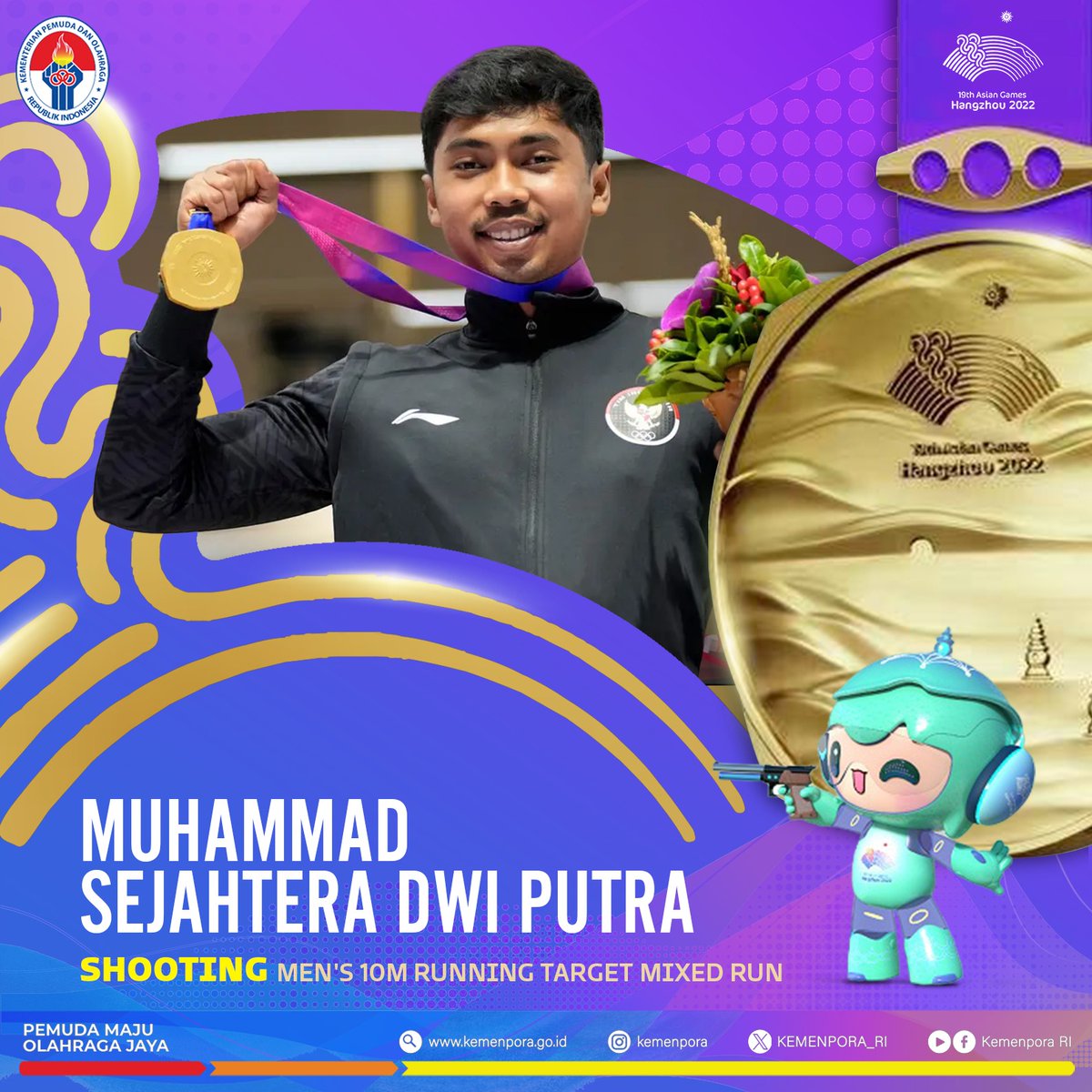KEMENPORA_RI's tweet photo. MEDALI EMAS KEDUA UNTUK INDONESIA!!

Muhammad Sejahtera Dwi Putra kembali mempersembahkan medali emas bagi Indonesia di ajang Asian Games 2022 Hangzhou, dari cabor Shooting. Kali ini di nomor Men's 10m Running Target Mixed Run https://t.co/wtC6AfNQjv