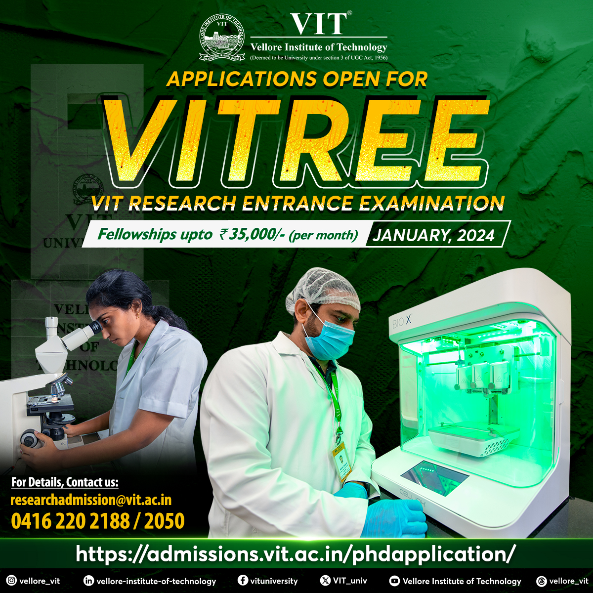 VIT_univ's tweet photo. To everyone who has an innate desire to delve into facts and can come up with intriguing solutions and prove them via research, this is an excellent chance to apply as a #research scholar at #VIT
Apply @ https://t.co/LBLXmgP6Rb
#VITREE #VITREE2024 #PhD #Doctrate #DoctoralStudies https://t.co/Lp1XJCLbw5