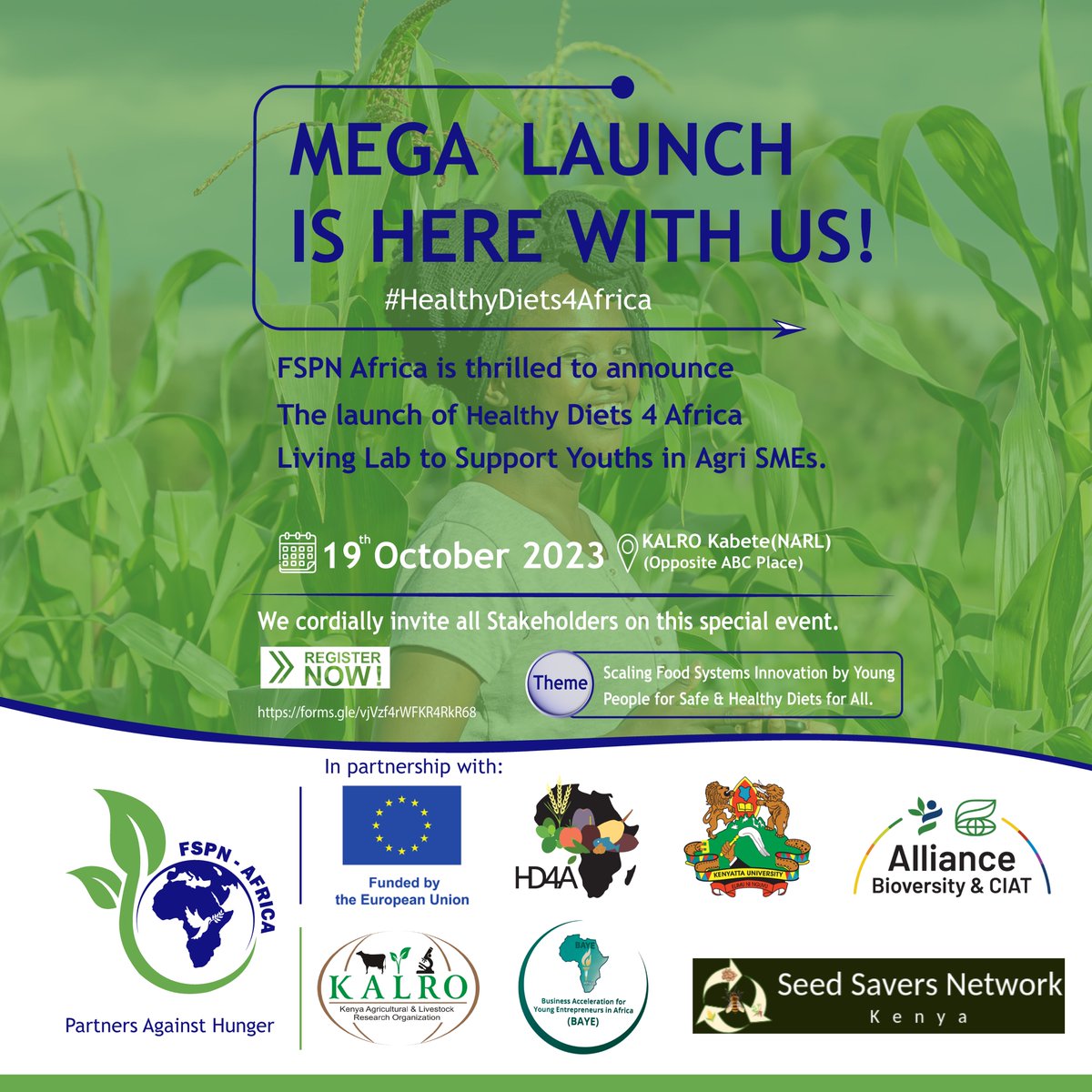 📢Exciting news!

Food Security for Peace and Nutrition Africa (FSPN Africa) is delighted to extend an invitation to stakeholders working in the Food System and are passionate about empowering youth in Agri-value chains  to join and be part of the #MegaLaunch of