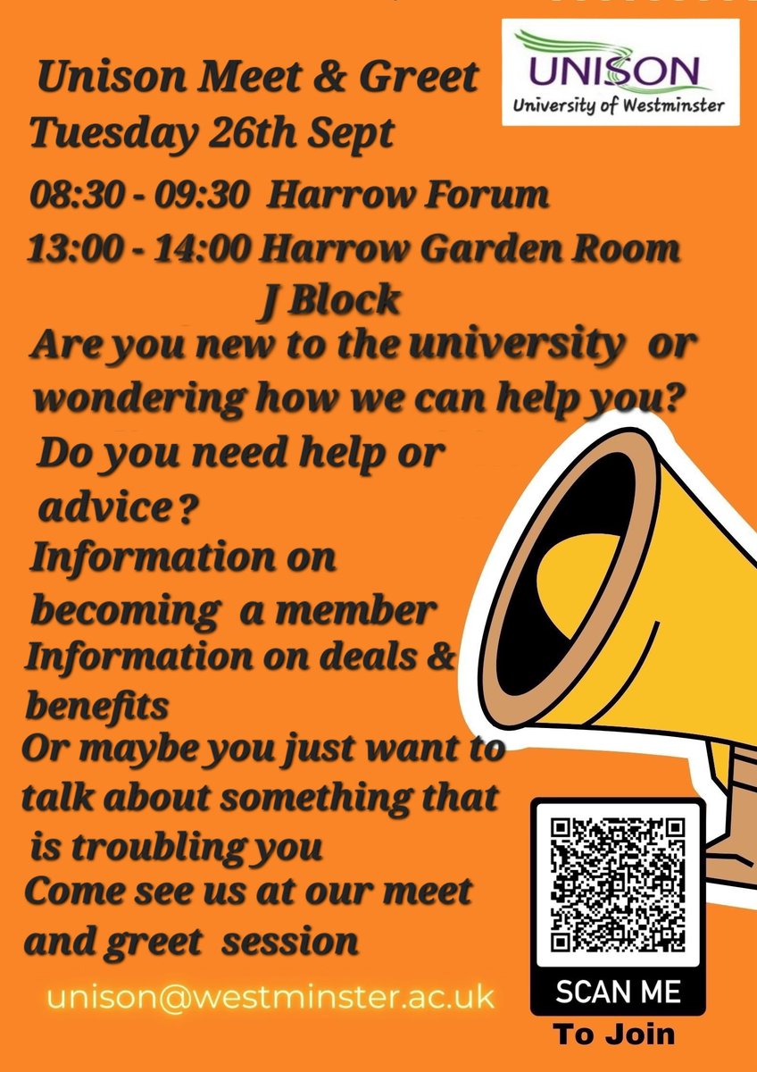 Are you wondering how UoW Unison can help you? Join us at our in person meet and greets at Harrow Campus today, Tue 26th September 08:30 - 09:30 or 13:00 - 14:00  #SupportAndAdvice #RepresentationWhenYouNeedIt #BecomingAMember #UnisonDealsAndBenefits #WeAreWestminsterUnison