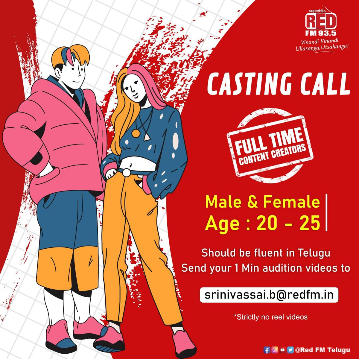 We are Looking for Full-Time Content Creators 🚨

Mail us if you are Interested ❤️

#RedFMTelugu #contentCreators #HiringAlert #JobOppurtunity #Jobs #Content #Influencers #JoinUs #HiringPost #JobAlert