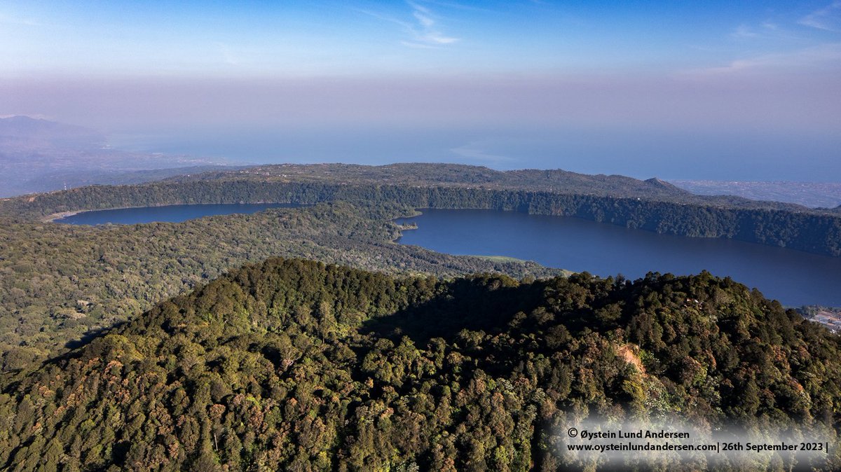 Today's Bali volcano view. Aerial of the Bratan caldera and two out of its 3 caldera lakes. In the forground a overgrown post-caldera cone is visible.