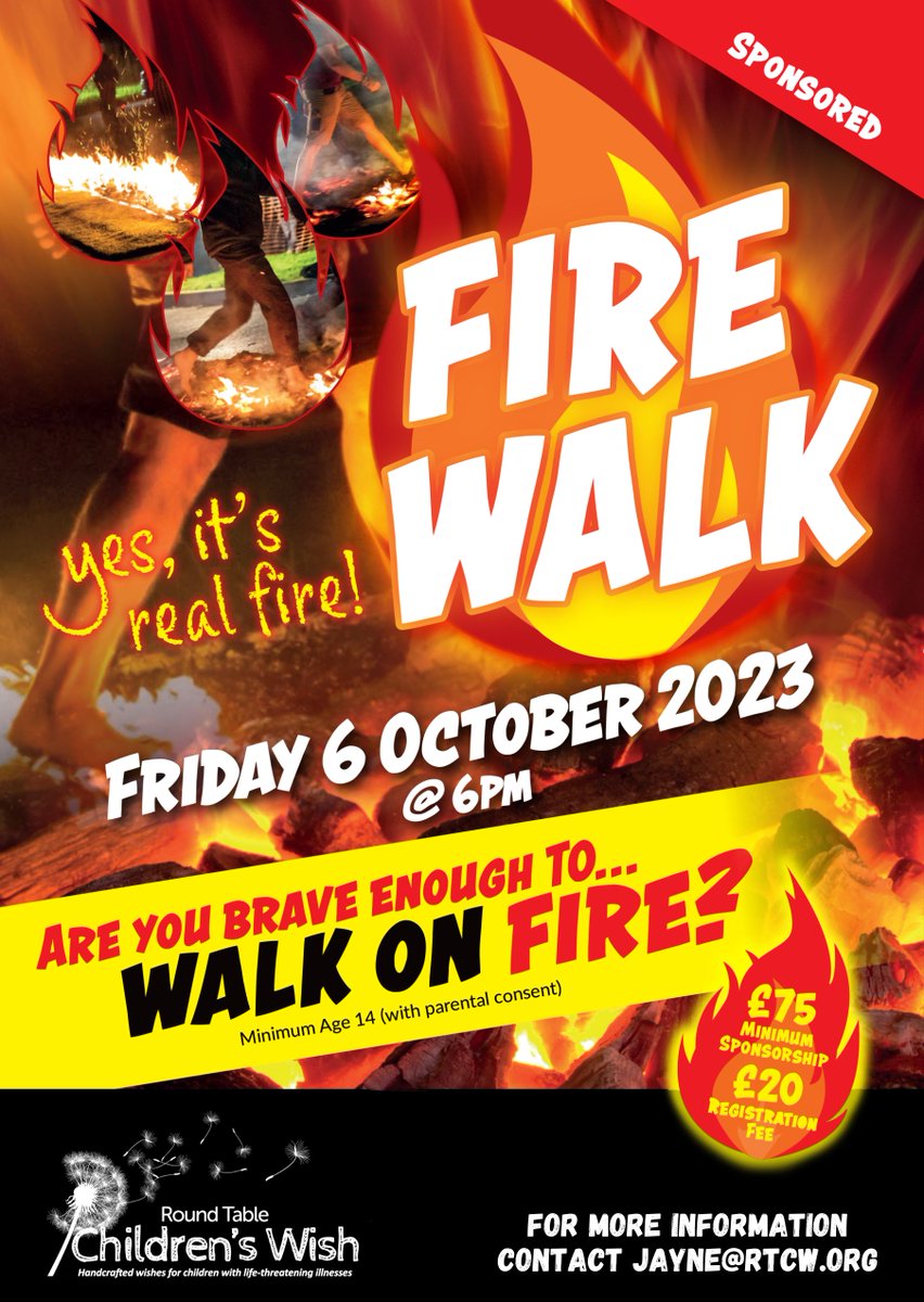 Are you brave enough to walk on fire? Join us on October 6th at The hospice of The Good Shepherd, Gordon Lane, Backford Chester, CH2 4DG at 6pm for a Fire Walk! 🔥🔥🔥

Contact Jayne on 07801 530755 or jayne@rtcw.org