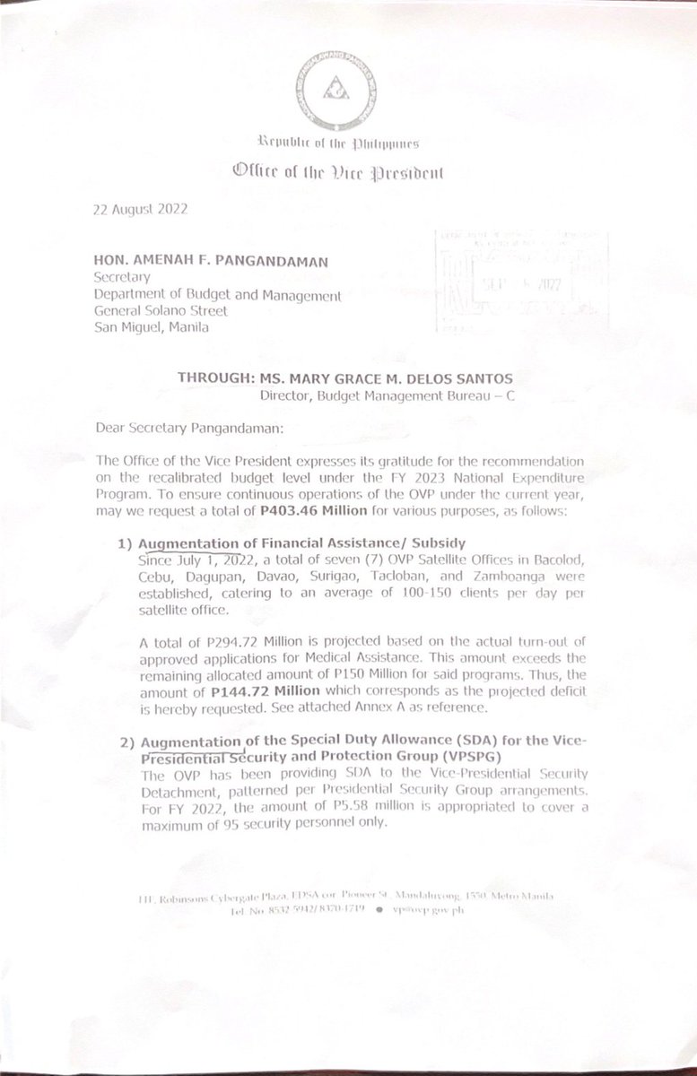 inquirerdotnet's tweet photo. READ: Office of the President, through Department of Budget and Management, furnishes House with Vice President Sara Duterte's letter dated August 22, 2022 in which she requested P 403.46 million, which included request for P250 million in confidential funds. | @JMAurelioINQ /PDI https://t.co/bjjyvnao0D