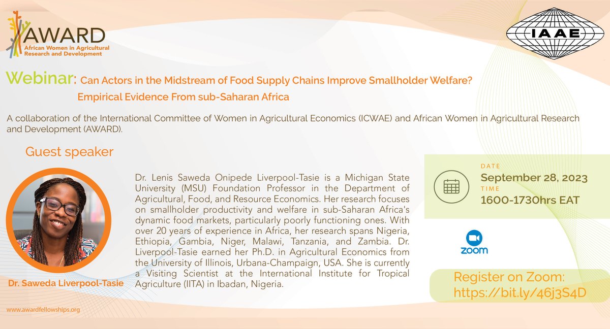 AWARDFellowship's tweet photo. Register now!
Join us for a compelling #webinar on the impact of midstream actors in food supply chains in Sub-Saharan Africa and their role in enhancing smallholder welfare. 

📆 Date: September 28, 2023
🕕 Time: 1600-1730hrs EAT
🔗 Register here: https://t.co/QjnHjMKp3l https://t.co/pgTbySGLIt