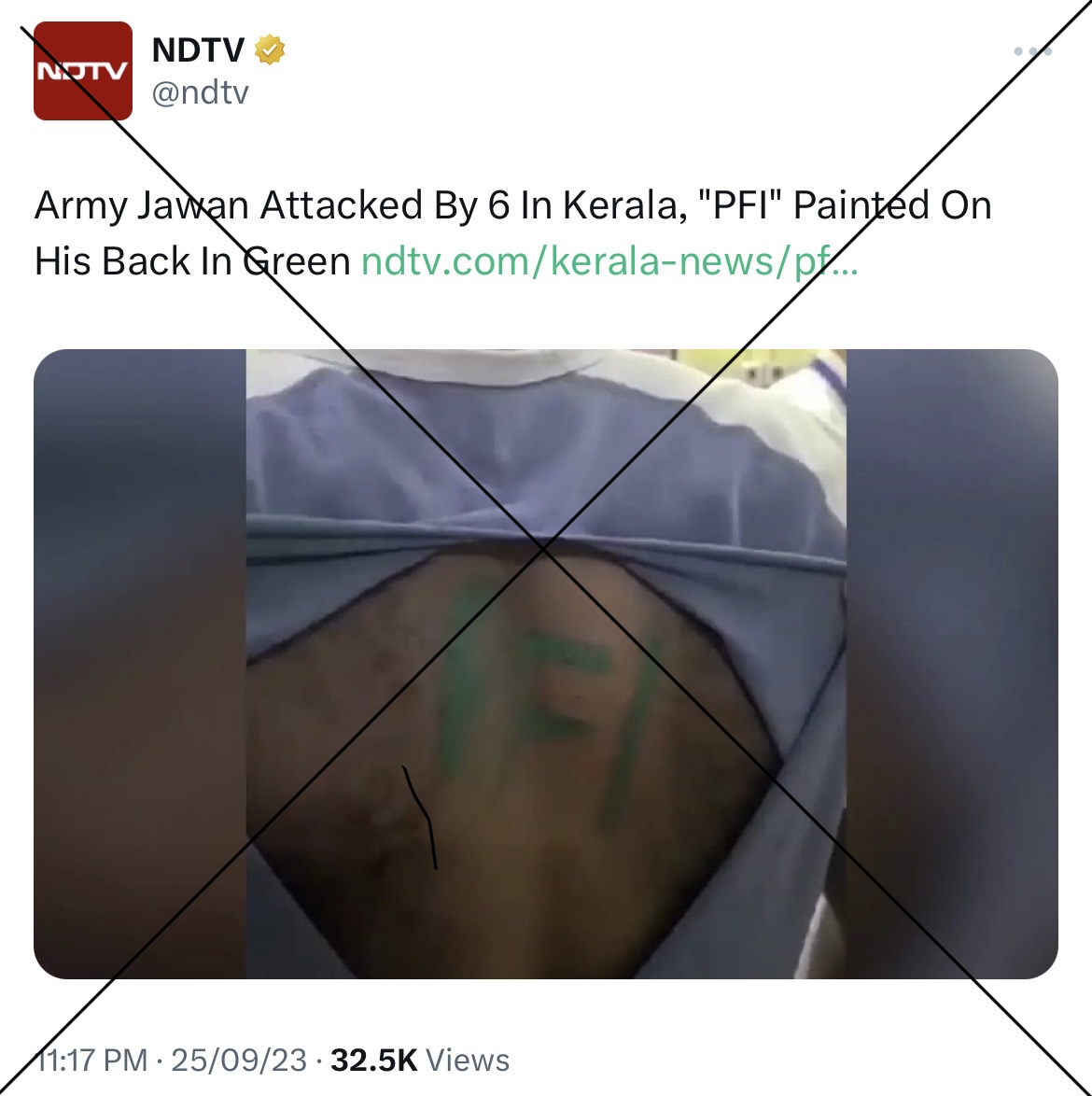 DearthOfSid's tweet photo. #BREAKING: The big story about a soldier being attacked in Kerala and 'PFI' written on his back turns out to be FAKE.

The police says that the soldier Shine Kumar got his friend Joshi to write 'PFI' on his back. Both of them have now been arrested and the very paint and brush used have been seized as evidence. Shine & Joshi got drunk and fabricated the story to become famous, according to the police.

Tough for #GodiMedia to recover from this 😁