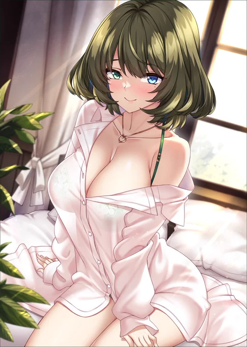 「おはようございます。朝は…そんなに強い方ではありませんね」彼シャツは彼女にぴったりです。#高垣楓#デレステ 
