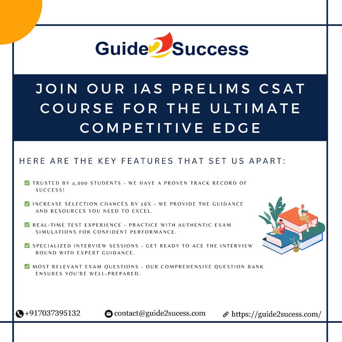 📚 Join our IAS Prelims CSAT Course for the ultimate competitive edge! Here are the key features that set us apart:
Don't miss this opportunity to supercharge your IAS Prelims CSAT preparation! 🚀.
 Contact us : contact@guide2sucess.com
 #IASPrelims #CSAT