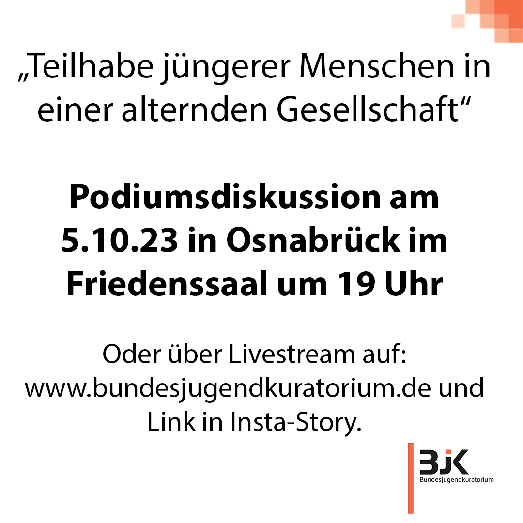 Wie steht es um die „Teilhabe jüngerer Menschen in einer alternden Gesellschaft“? Darüber diskutieren am 5.10.23  in <a href="/StadtOsnabrueck/">Stadt Osnabrück</a> und im #Livestream um 19 Uhr Mitglieder des Bundesjugendkuratoriums <a href="/AladinMafaalani/">Aladin El-Mafaalani</a> mit <a href="/polenz_r/">Ruprecht Polenz🇪🇺</a>  u Prof. Ute Klammer <a href="/difis_org/">DIFIS https://bsky.app/profile/difis.bsky.social</a> 
#jugend