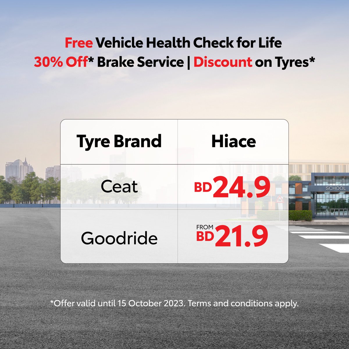 ToyotaBahrain's tweet photo. Benefit from a Free health check of your Toyota Commercial Vehicle, for life.  Plus, get:
- 30% discount on brake services
- Special discount on tyre replacement
 
Offer valid for Coaster and Hiace models until 31 October 2023.
*Terms and conditions apply.

#ToyotaBahrain https://t.co/wPFIIAU5Wq