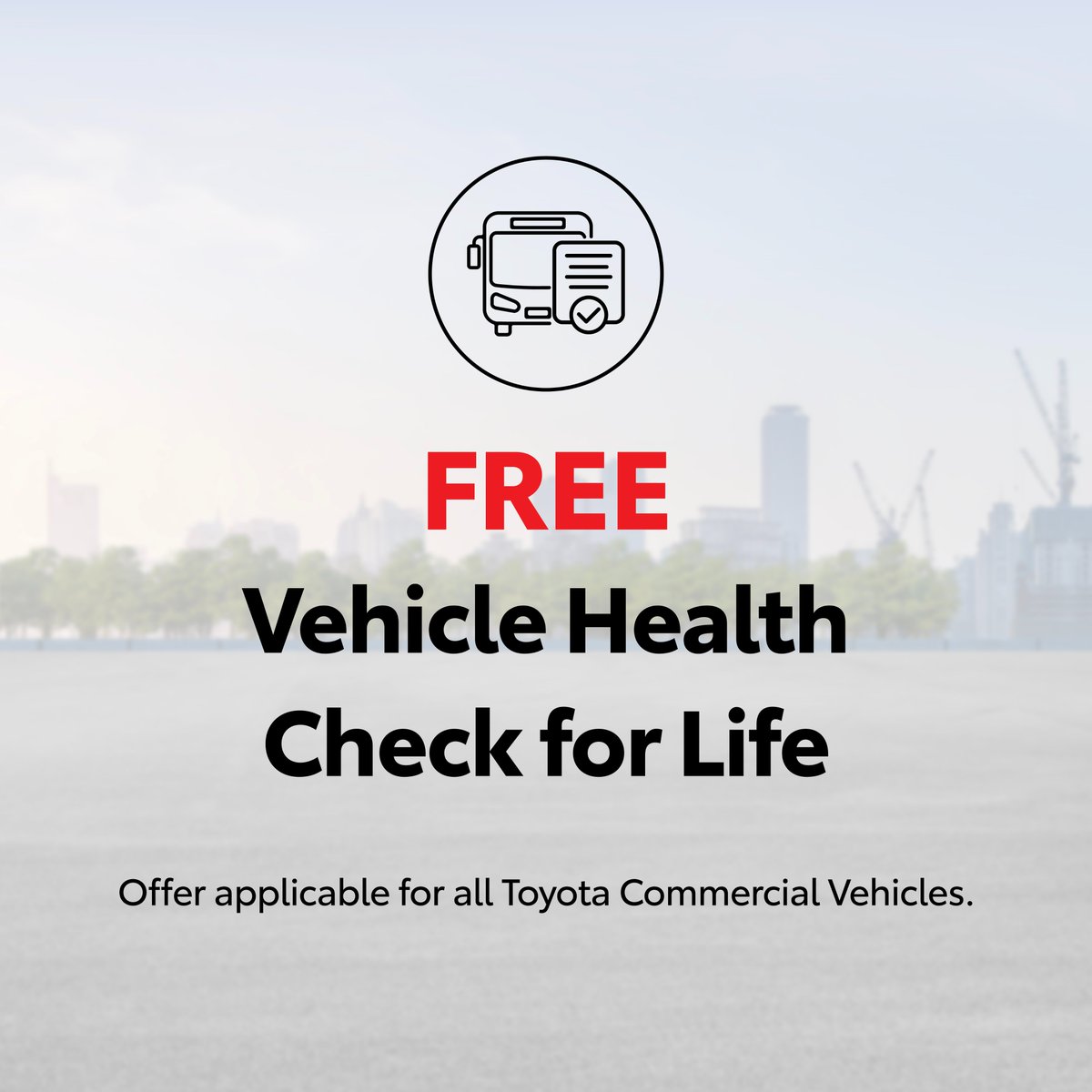 Benefit from a Free health check of your Toyota Commercial Vehicle, for life. 
Plus, get:
- 30% discount on brake services
- Special discount on tyre replacement
 
Offer valid for Coaster and Hiace models until 31 October 2023.
*Terms and conditions apply.

#ToyotaBahrain