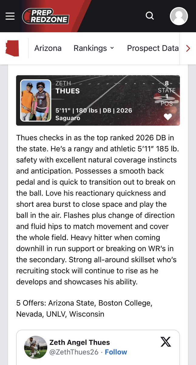 ZethThues26's tweet image. 2026 Prospect Rankings 
Steady coming in #8 in state Rank and #1DB Position Rank . Thank You @PrepRedzone  for the Ranking. 
@JUSTCHILLY @jacob_seliga @BrandonHuffman @gridironarizona @KyleMorgan_XOS @AZMaxpreps @PrepRedzoneAZ @ArizonaMaxpreps @lmzworld_