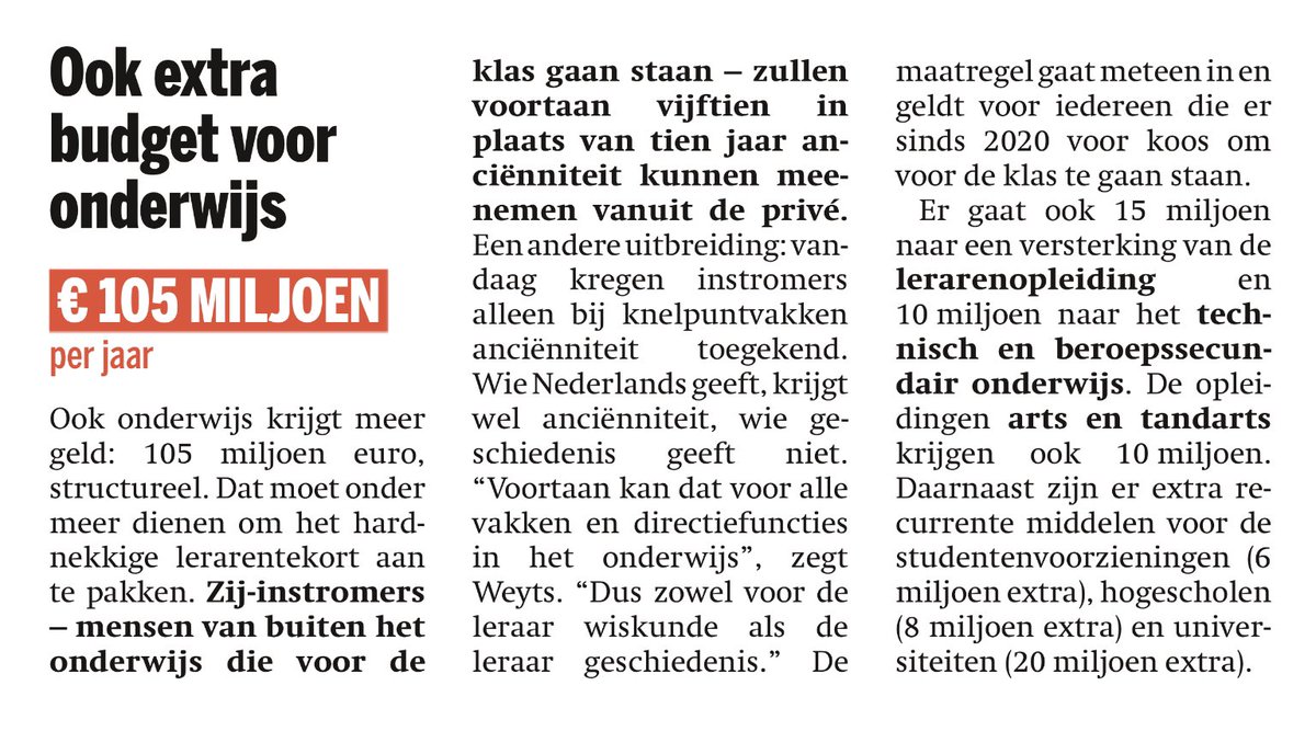 15 jaar anciënniteit kan je voortaan meenemen als zij-instromer vanuit de privé naar het onderwijs. De maatregel gaat meteen in. 

Welkom aan alle gemotiveerde arbeiders en bedienden als nieuwe collega’s in <a href="/VtiTorhout/">VTI-Torhout</a> !

#GeefjouwtalenteenSTEM 

(bron: Het Nieuwsblad 26-09-2023)