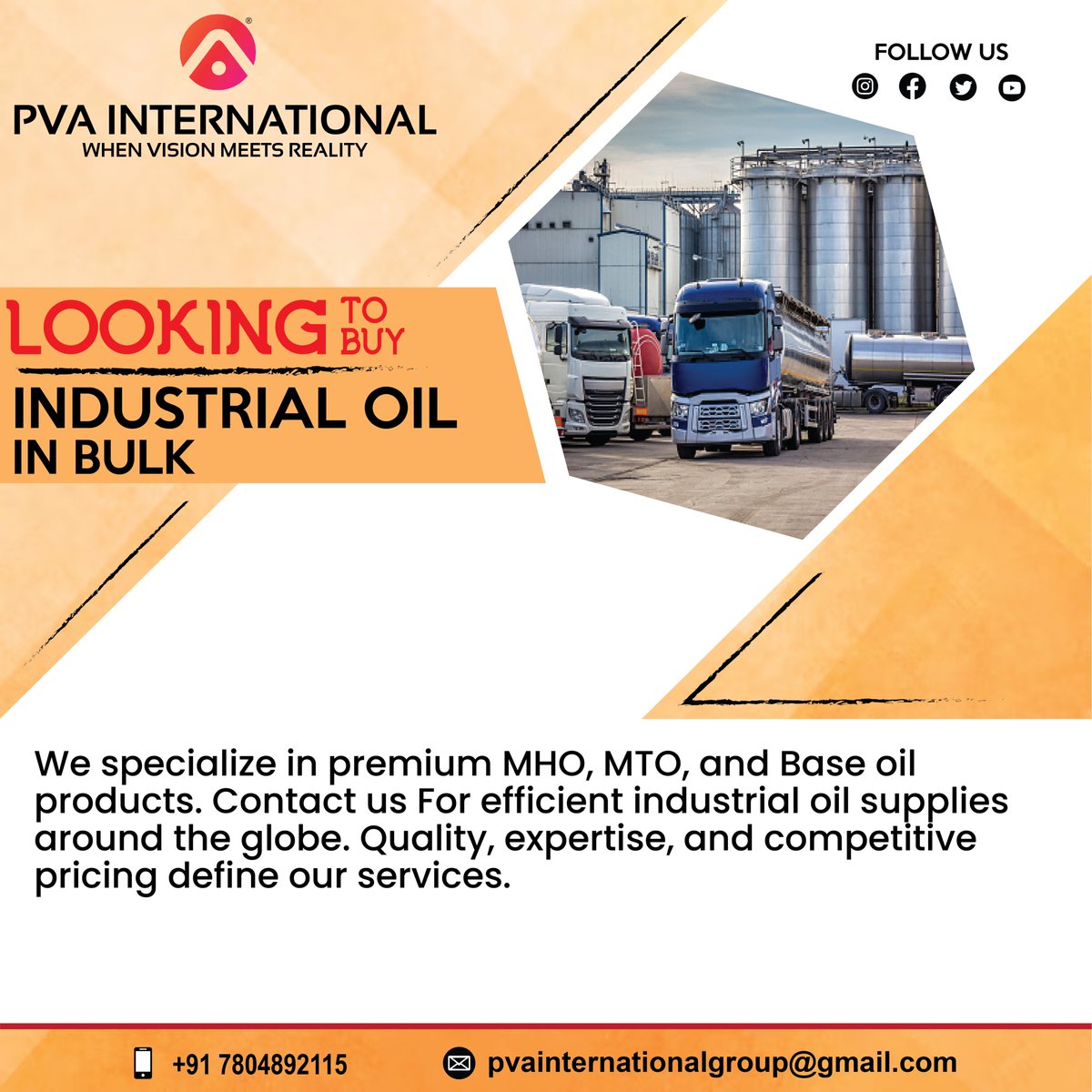 Reach out now for more details and place your order to fuel your business growth!

🤝Contact us today!
📞 Phone no: +91 7804892115

#BulkPurchase #IndustrialOil #EfficiencyMatters #FuelingSuccess #IndustrialOil #TrustedSupplier #SeamlessSupply #successjourney