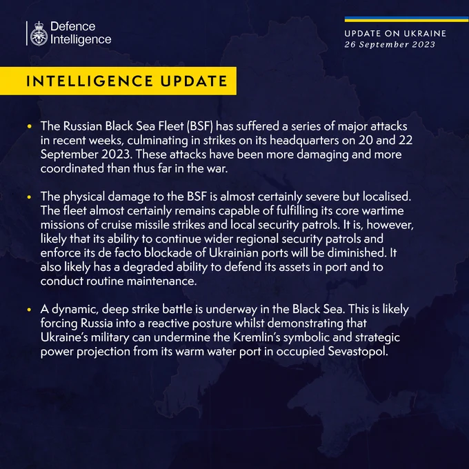 Latest Defence Intelligence update on the situation in Ukraine - 26 September 2023. Please read thread below for full image text.